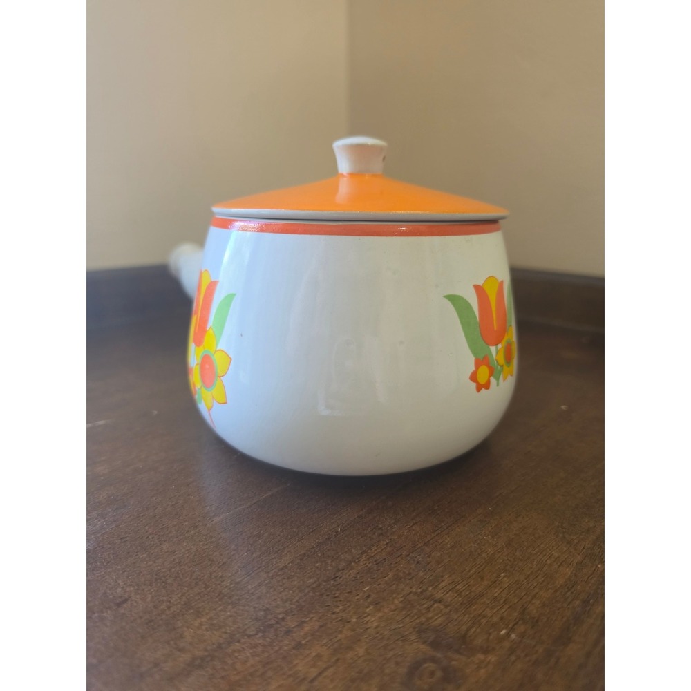 Vintage 1970s Floral Oven Proof Stoneware Pot with Orange Lid & Handle - Retro - Picture 2 of 15